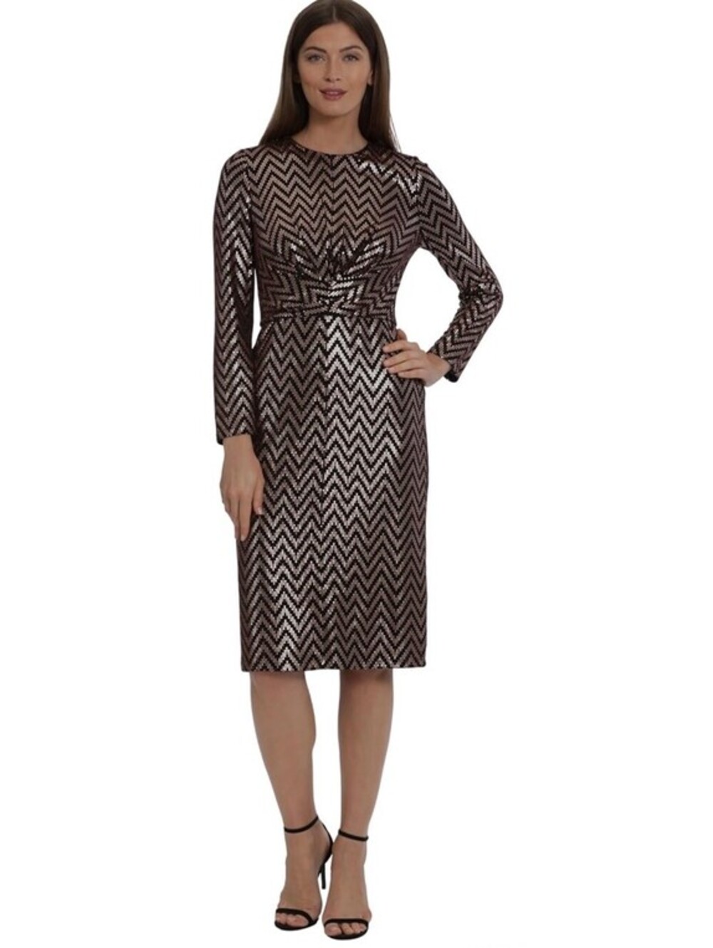 Maggy London Long Sleeve Sparkle Knit Gathered Midi Dress Size 0 Copper/Black